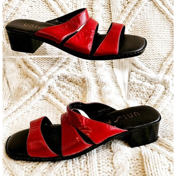 NEW Unisa‎ RED Leather Slip On Heeled Sandals BRAZIL Womens 7M Strappy Patriotic - Picture 1 of 5